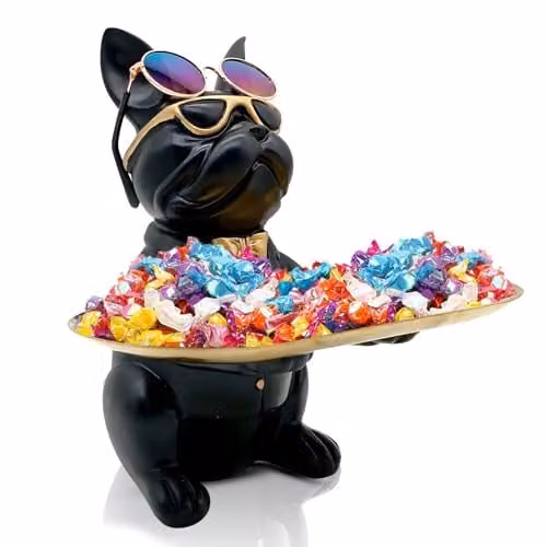 Huhote Black Resin French Bulldog Statue with Tray and Candy Dish – 1