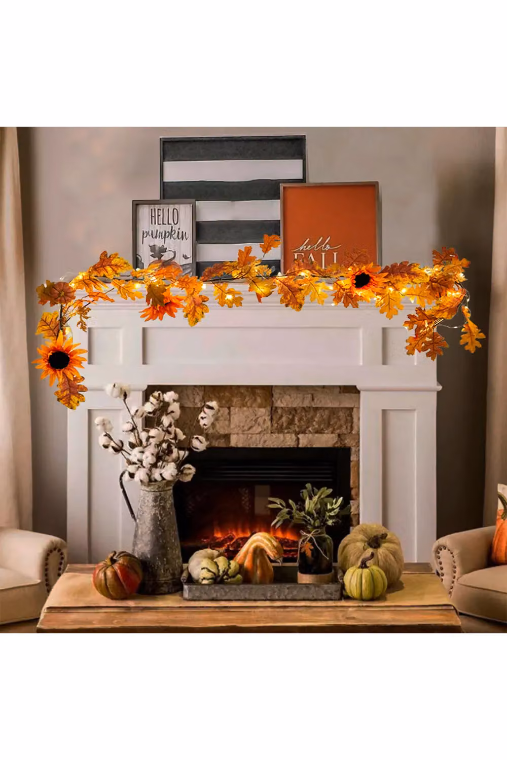 Living and Home 180cm Orange Autumn Garland with Sunflowers, Leaves and Acorns and 3.8m Light String – 2