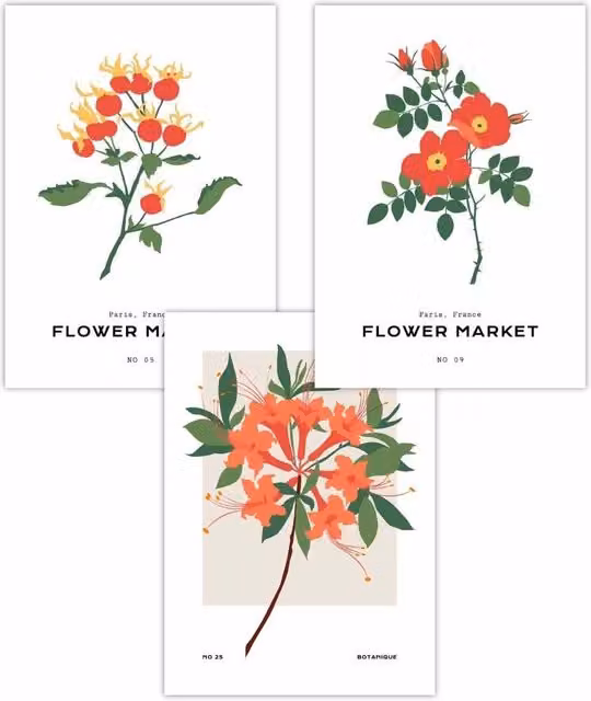ARTZE Set of 3 Vintage Floral Graphic Paper Posters in Orange, Green and Multicolour, W: 42 cm, H: 59 cm
