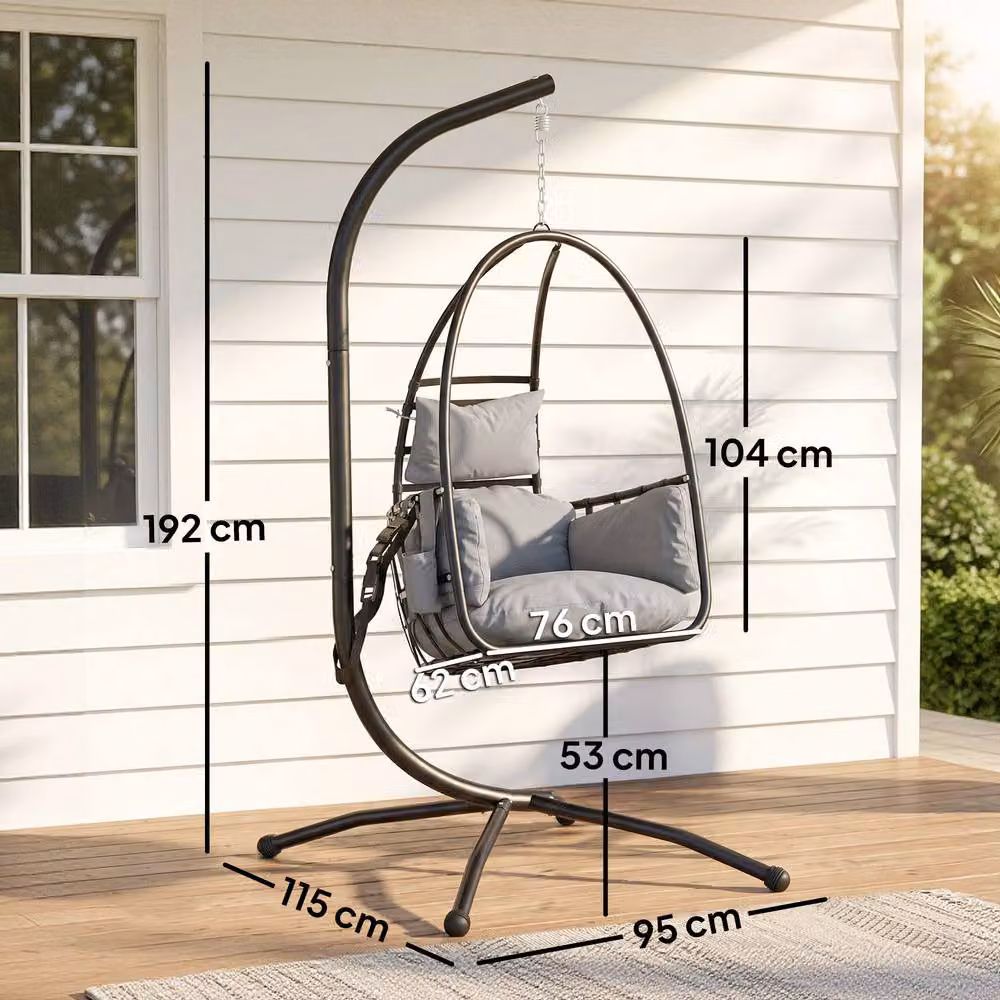 Outsunny Hanging Egg Chair with Stand and Cushions, Dark Grey Rattan and Metal Lounge Chair – 3
