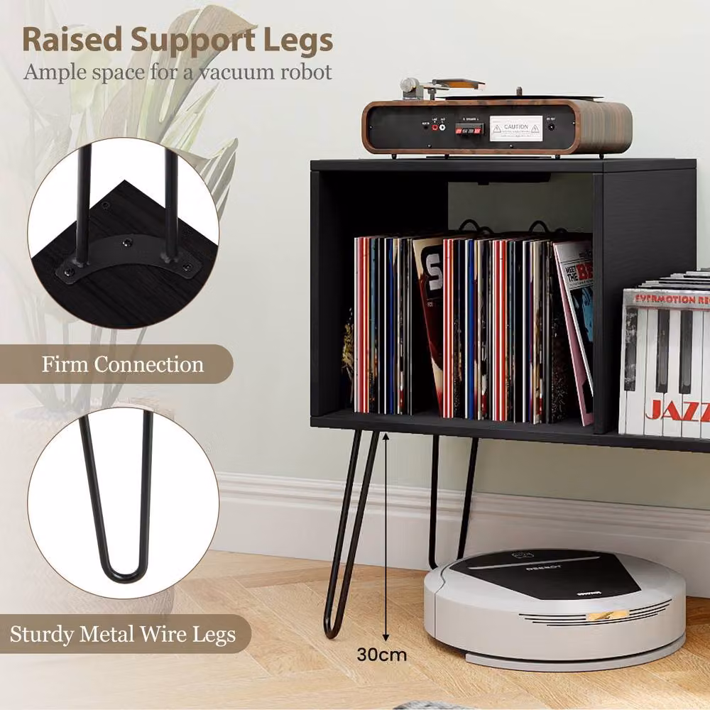 Gymax Modern Metal Turntable Stand with Power Outlet and Display Shelf in Black – 8