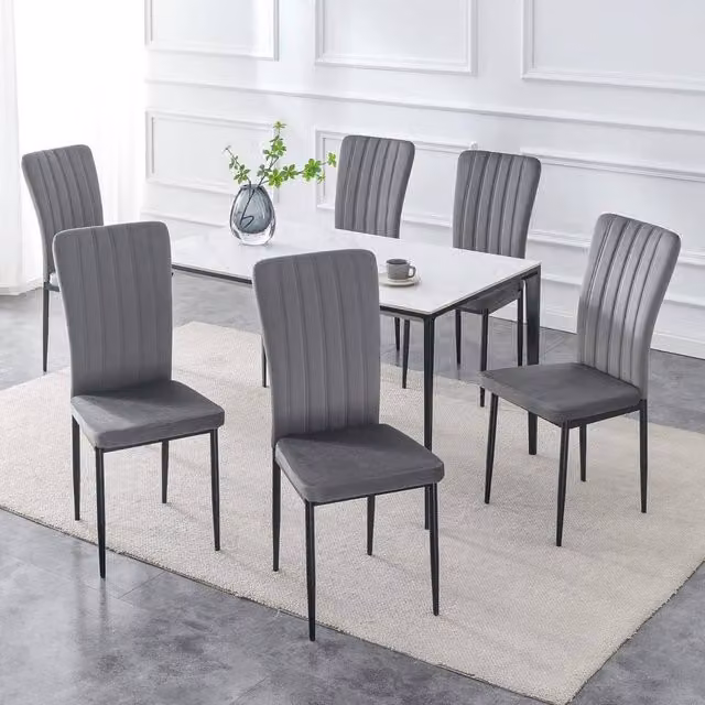 FORGEVIO Set of 6 Modern Dining Chairs with Dark Grey Velvet Upholstered Seats and Black Metal Frames
