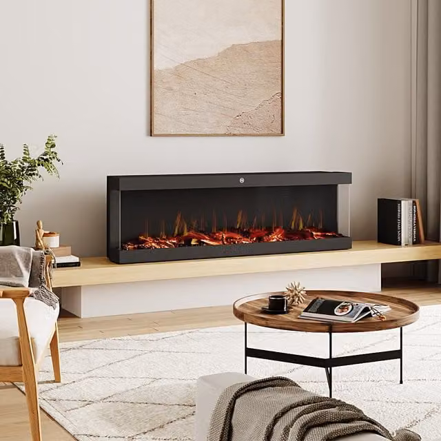 Livingandhome Black Electric Glass Fireplace with WiFi and App Control, W: 122 cm