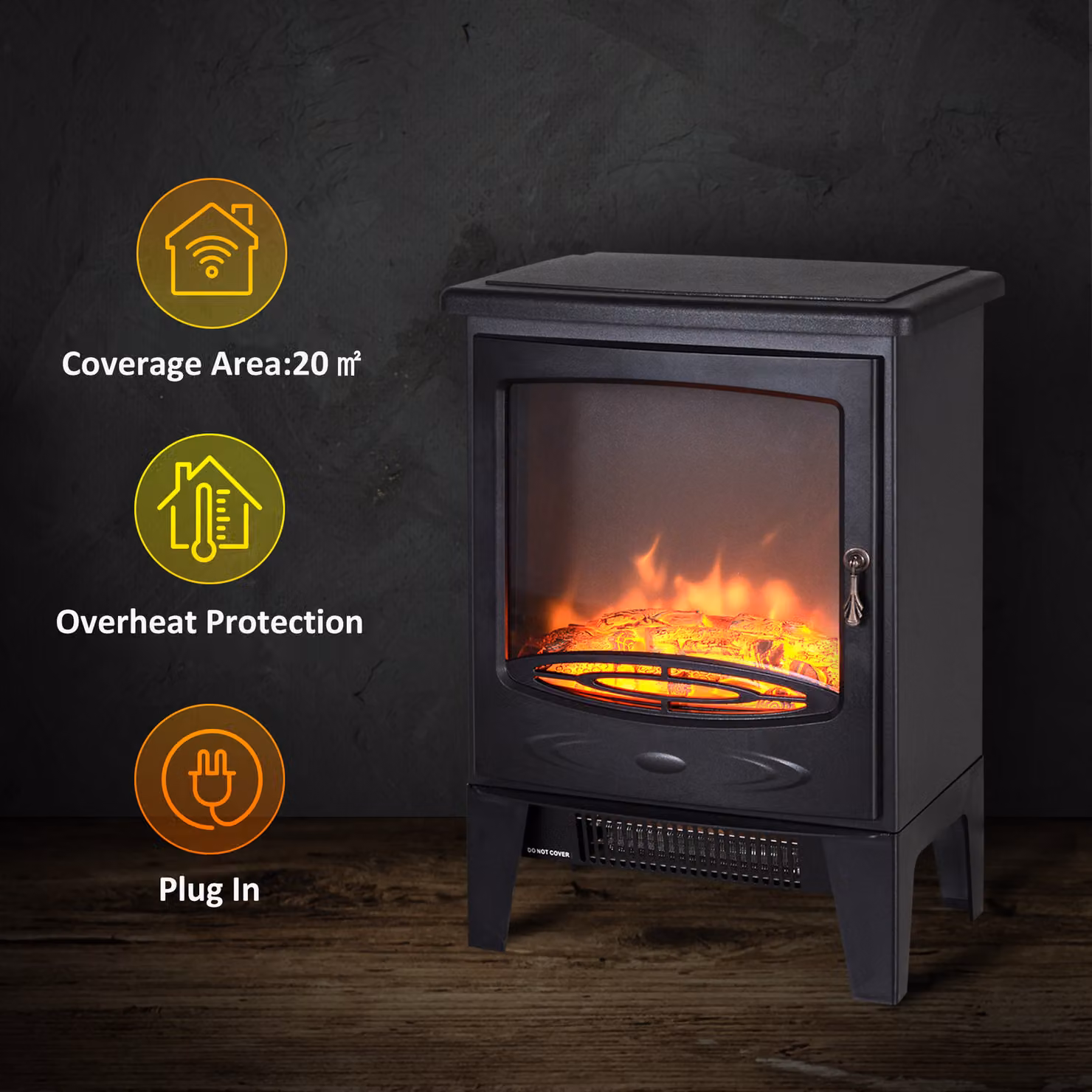 HOMCOM Electric Freestanding Fireplace Heater with Artificial Flame Effect and Safety Thermostat, Black Tempered Glass – 4