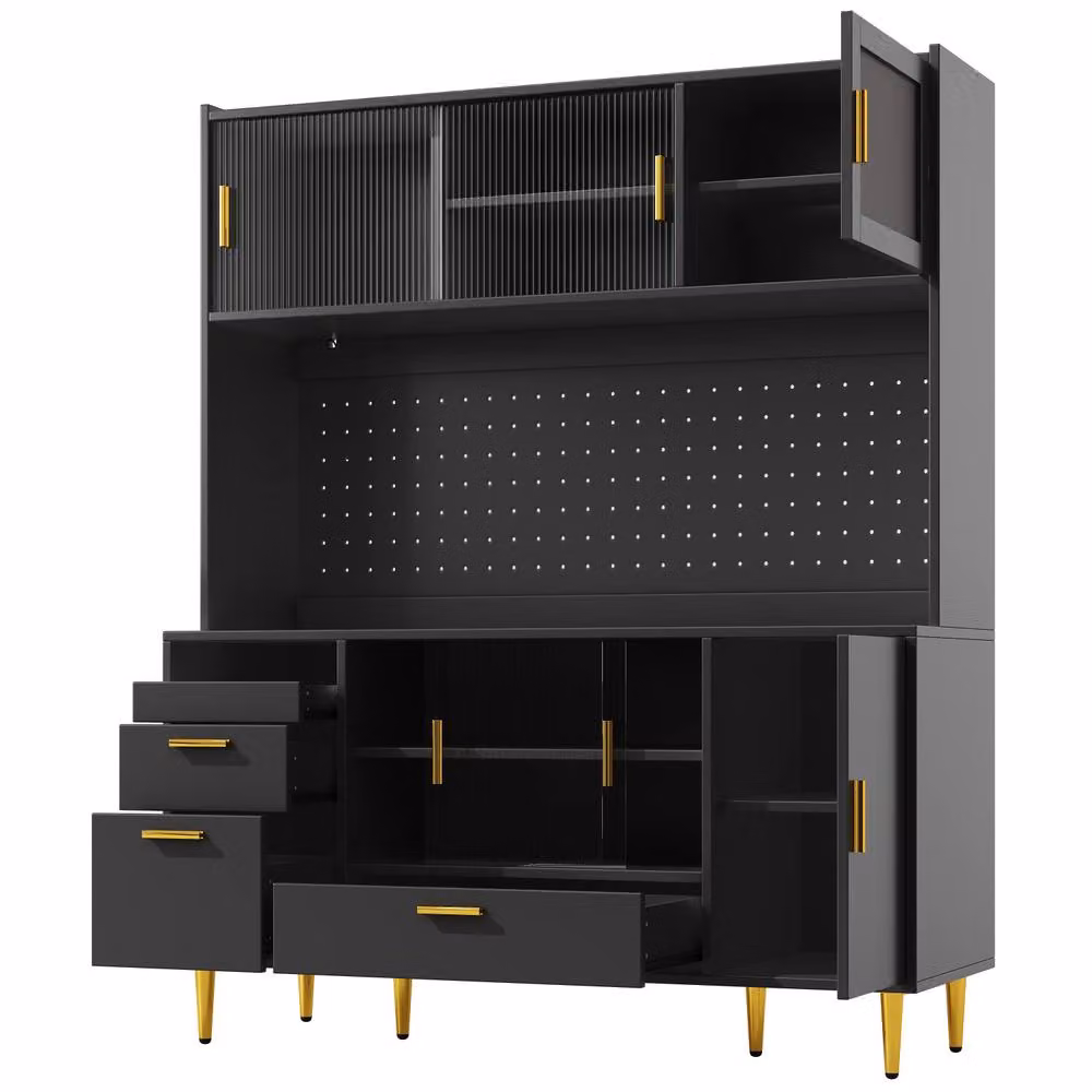 Merax Black Modern Kitchen Pantry Cabinet with Integrated Lighting and Sliding Glass Doors, H 180 x W 40 x D 40 cm – 6