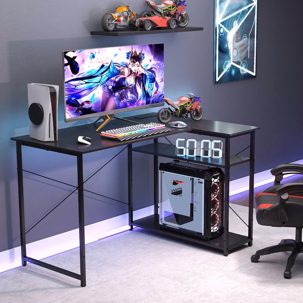 Costway L-shaped Corner Computer Desk with Power Outlet and Reversible Shelves in Black – 8
