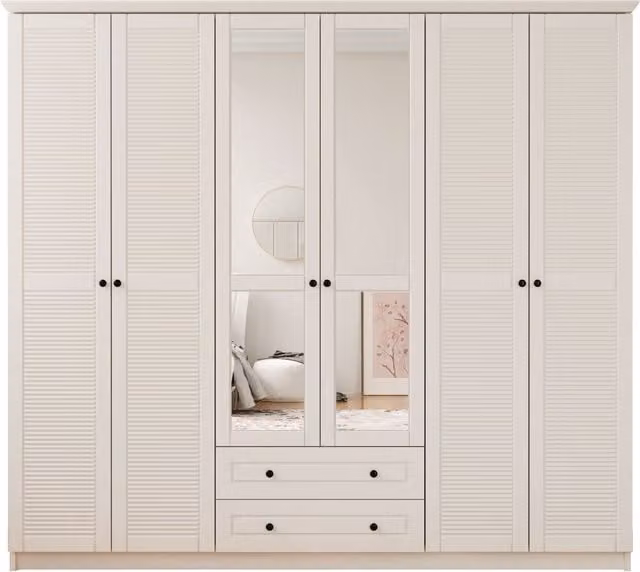 EVUHOME VOLET XL White 6 Door 2 Drawer Mirrored Wardrobe, H 210 cm x W 52 cm x D 52 cm