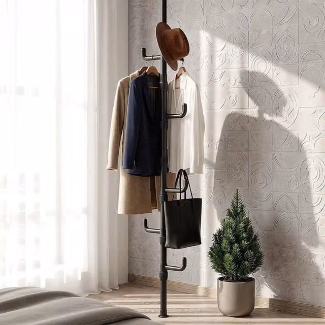 FORGEVIO Black Adjustable No-Drill Tension Clothes Rail with 6 Hooks, Metal Hanging Rail, Width: 50 cm
