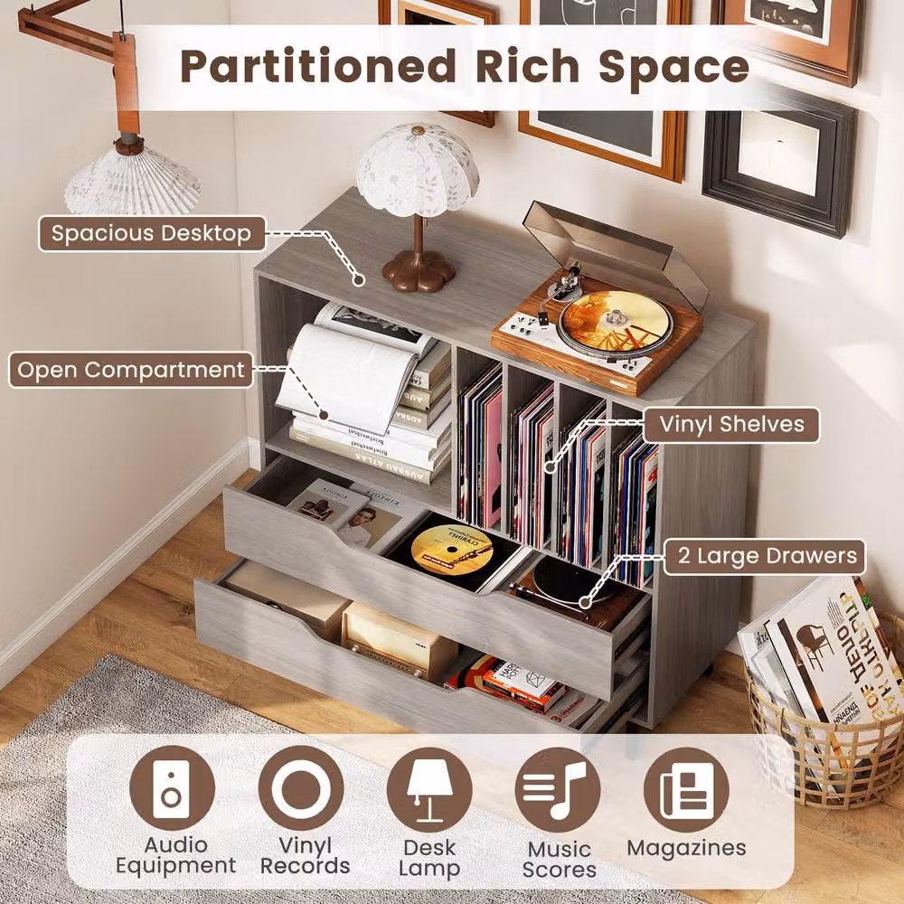 Costway Mid Century Record Player Stand with Media Compartments in Grey – 6