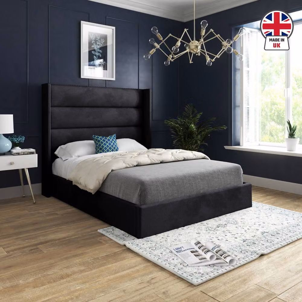 KDMD Shireshead Winged Upholstered Designer Bed Frame in Black Soft Velvet, W/D/H: 137 x 128 x 200 cm – 3