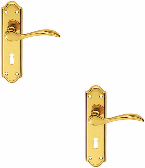 Loops 2x Pair Curved Door Handle Lever on Lock Backplate, Polished Brass, W: 18 cm, H: 4.5 cm