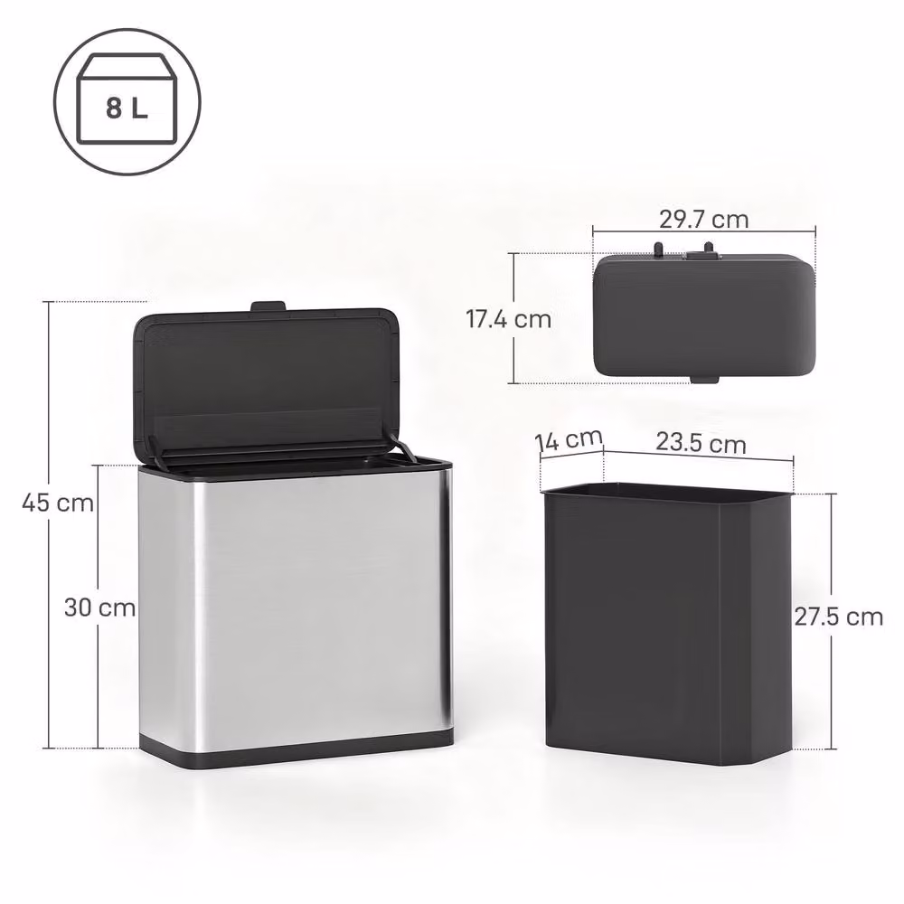STILVORA 8L Silver Stainless Steel Touch Rubbish Bin with Lid and Removable Inner Bucket – 4