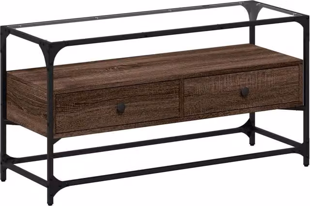 Berkfield Home Industrial TV Cabinet with Glass Top in Brown Oak, W/D/H: 98 x 35 x 51 cm