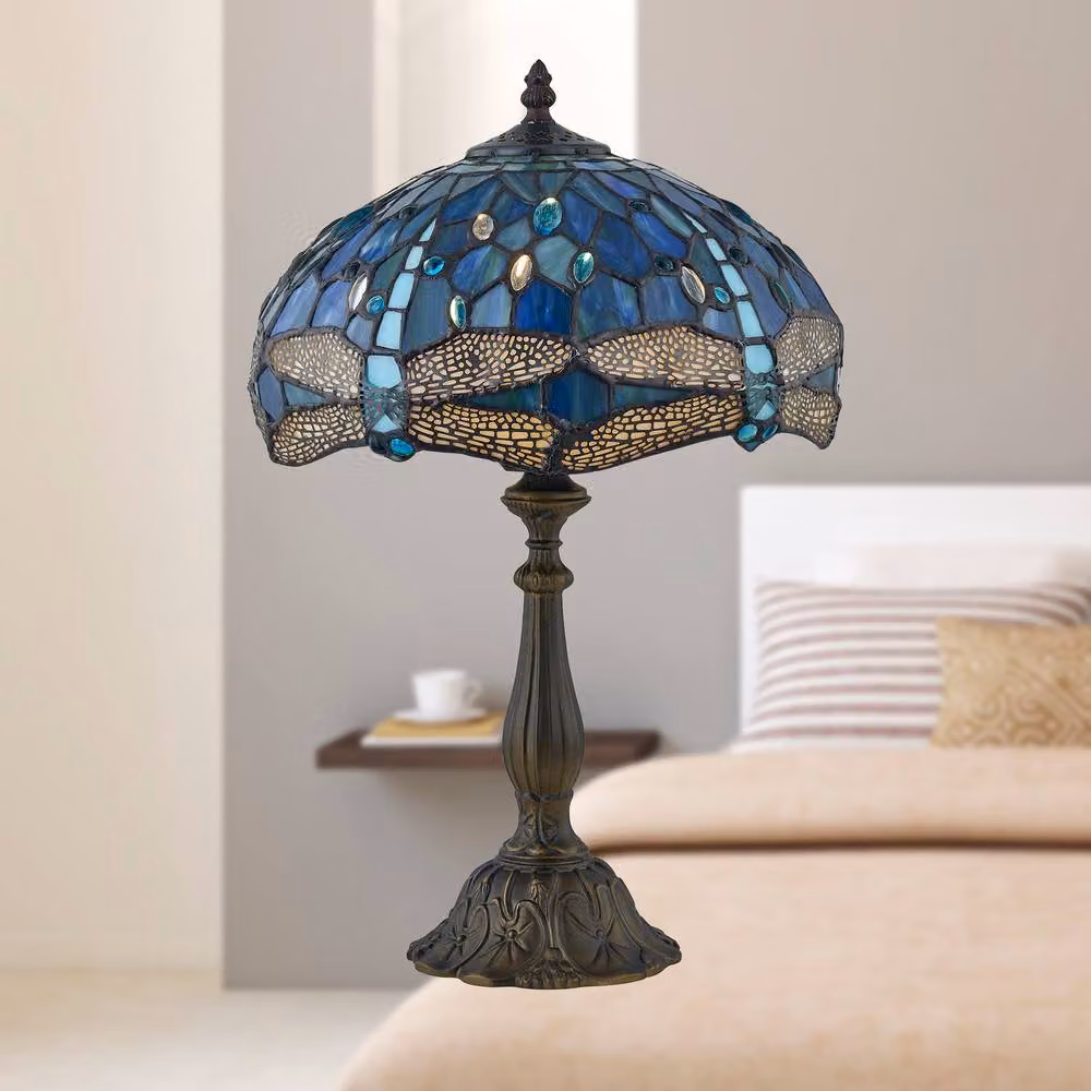 First Choice Lighting Beaumont Tiffany Dragonfly Coloured Glass Table Lamp in Bronze and Blue, Height: 47 cm – 3