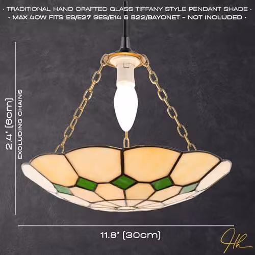 Happy Homewares Classic Amber and Green Stained Glass Tiffany Cylinder Pendant Lighting Shade – 2