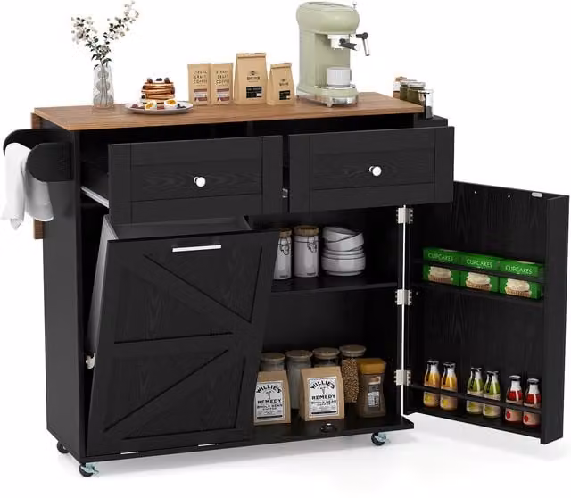 Costway Modern Rolling Kitchen Island with Drop Leaf in Black Matt Wood