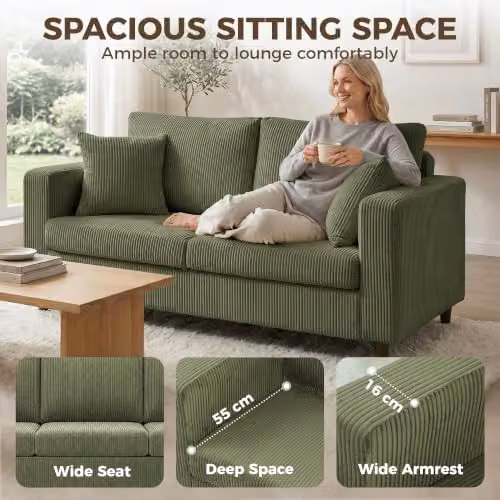 HOMCOM 2 Seater Corduroy Upholstered Loveseat Sofa in Green, W: 170 cm, H: 82 cm, D: 80 cm – 3