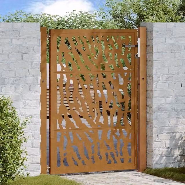 Berkfield Home Garden Gate in Brown Weathering Steel with Trace Design, W: 105 cm, H: 130 cm – 1