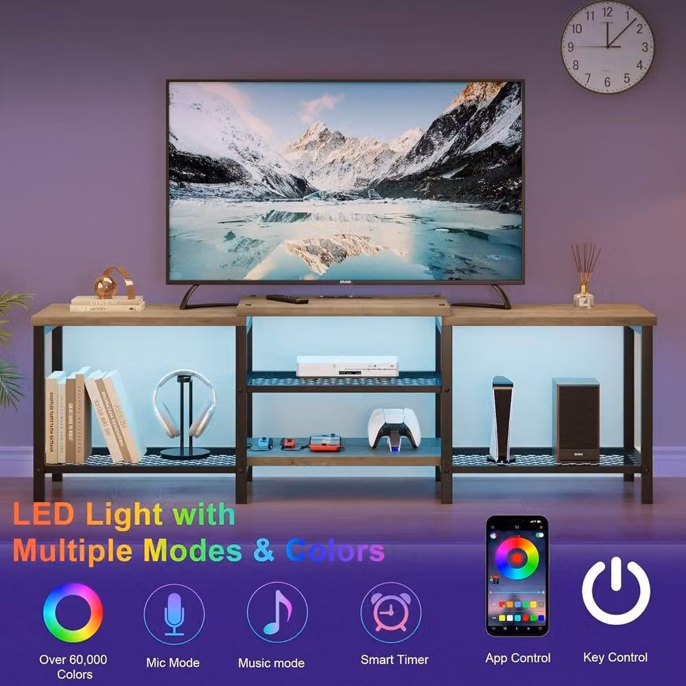 London Boutique Modern Grey and Brown Wood TV Stand with Integrated Lighting and Media Compartments for TVs Up to 75" – 5