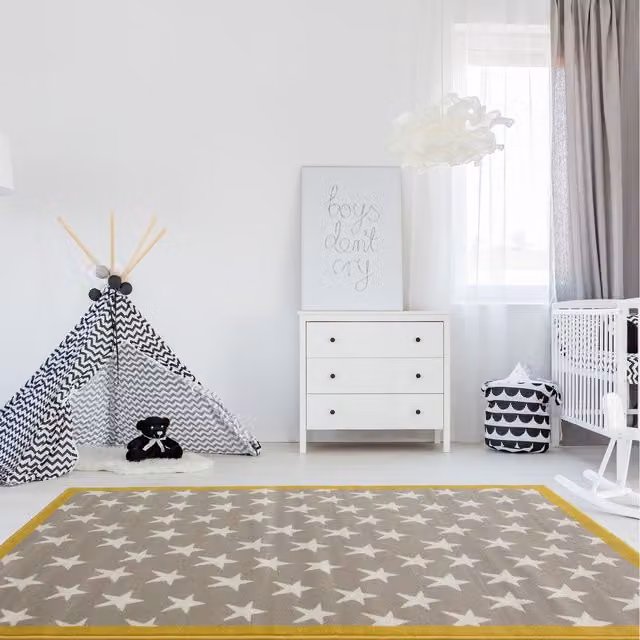The Rug House Grey and Yellow Bordered Kids Bedroom Play Room Rug, W: 150 cm, D: 80 cm