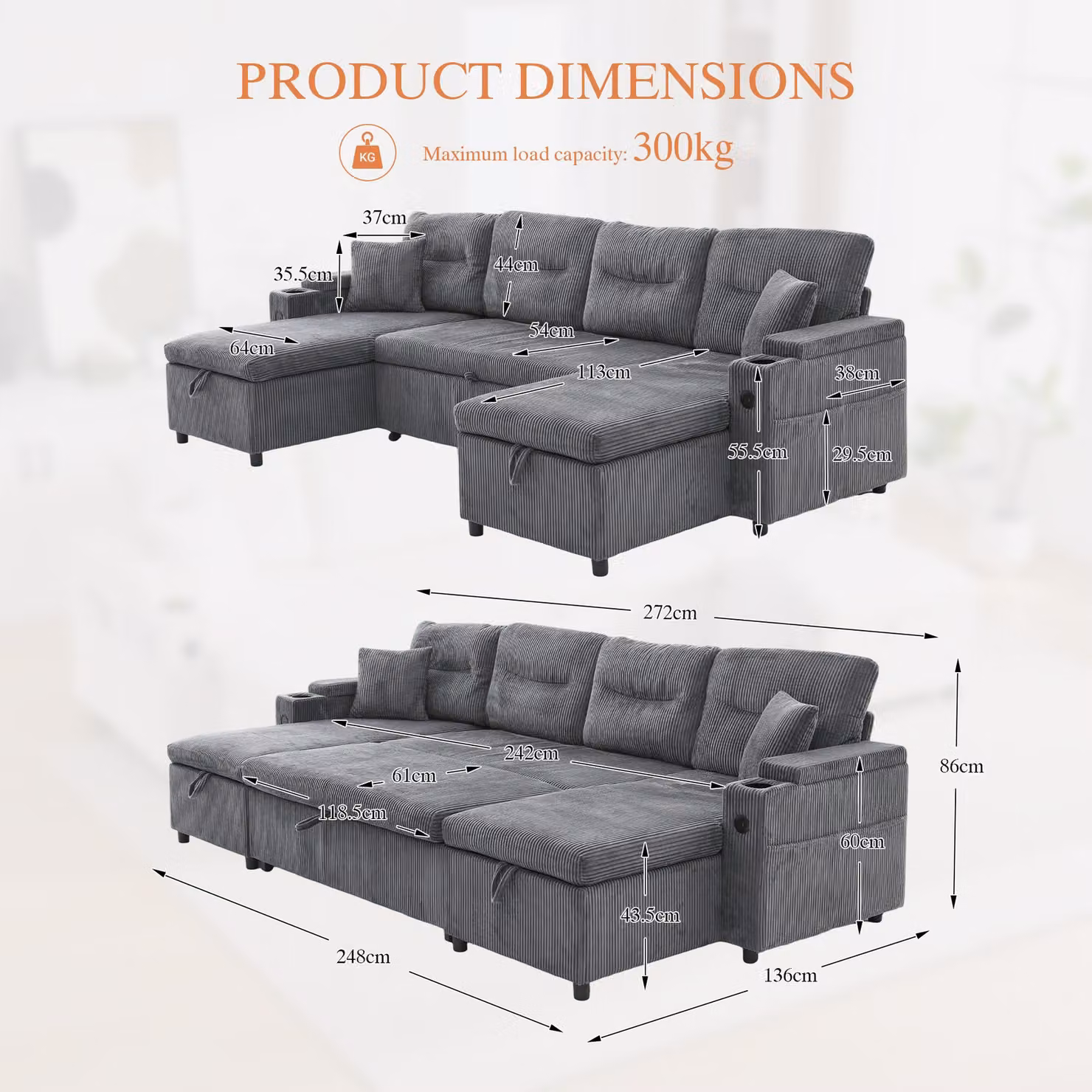 Aosom UK Contemporary 4-Seater U-Shaped Fabric Sofa in Grey with 2 Chaise Longues, Cup Holders, USB Charging and Sleeping Function, W: 272 cm, D: 136 cm, H: 86 cm – 3
