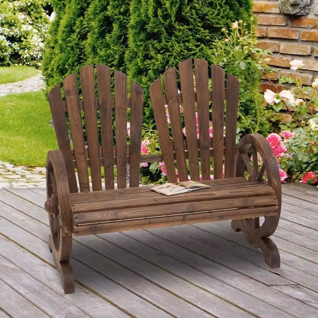 Outsunny Rustic Brown Treated Hardwood Fir Logs Love Chair with Armrests for Garden and Terrace