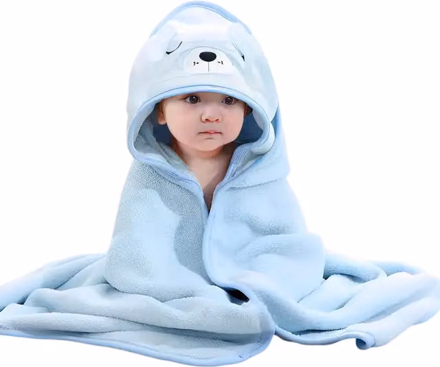 Dyzi Ultra Soft Fluffy Microfibre Baby Hooded Bath Towel in Blue and White