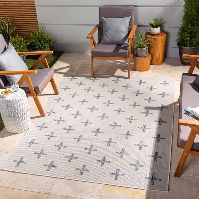 Livabliss Tuareg-Global Beige Ivory Blue Graphic In- & Outdoor Rug in Dark Blue, W: 120 cm, D: 170 cm