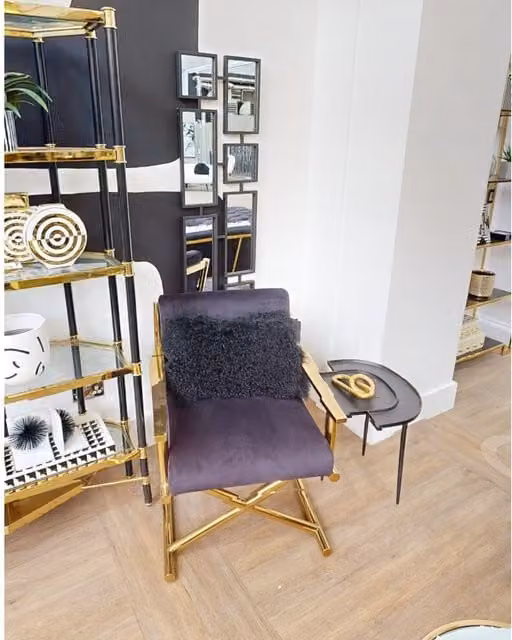 Orsina Black Velvet Armchair with Gold Metal Cross Legs and Glossy Finish – 1