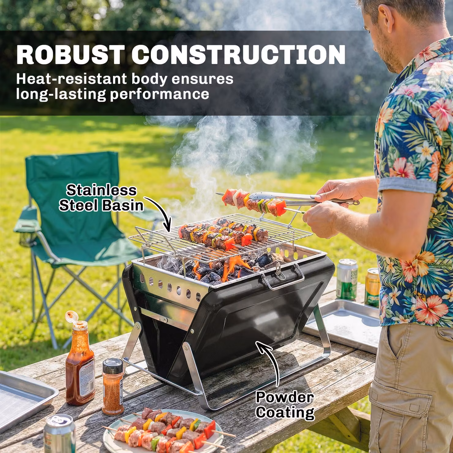 Outsunny Black Portable Charcoal BBQ Grill with Tilting Grate and Stainless Steel Tabletop – 7
