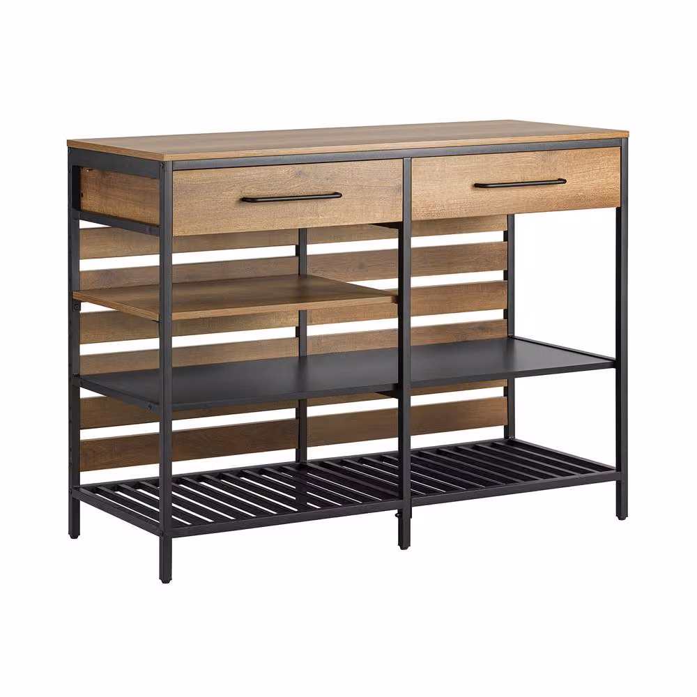 SoBuy Industrial Kitchen Island with Open Shelves and 2 Drawers, Brown and Black, W: 120.0 cm, D: 45.0 cm, H: 91.0 cm – 2