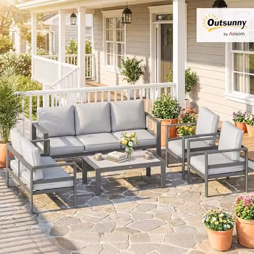Outsunny 7 Seater L-Shape Garden Furniture Set with Dark Grey Olefin Cushions and Powder Coated Aluminium Frame – 2