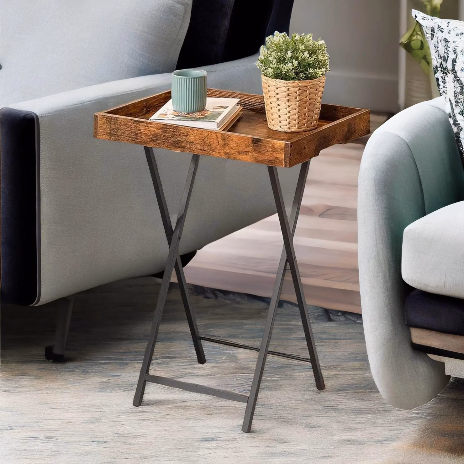 Rafaelo Mobilia Brown Folding TV Tray Table with Wood and Metal X-Frame Design – 3
