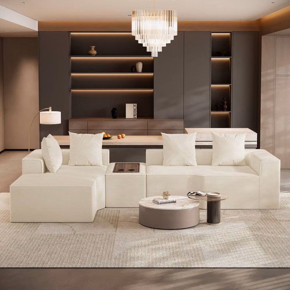 Dprodo Beige Corduroy Left L-Shaped Modular Sofa with Cup Holder Table and Scatter Cushions, Width: 320 cm – 2