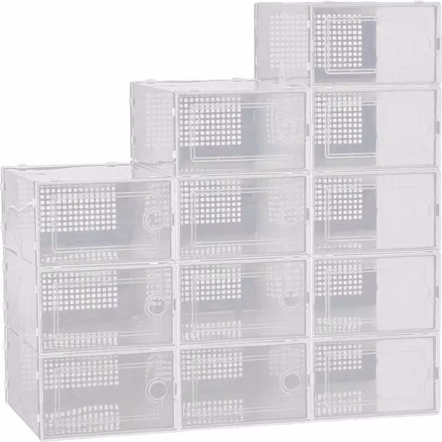 FORGEVIO Foldable Shoe Storage Boxes with Double Frame, White and Transparent Space Saving Rack – 1
