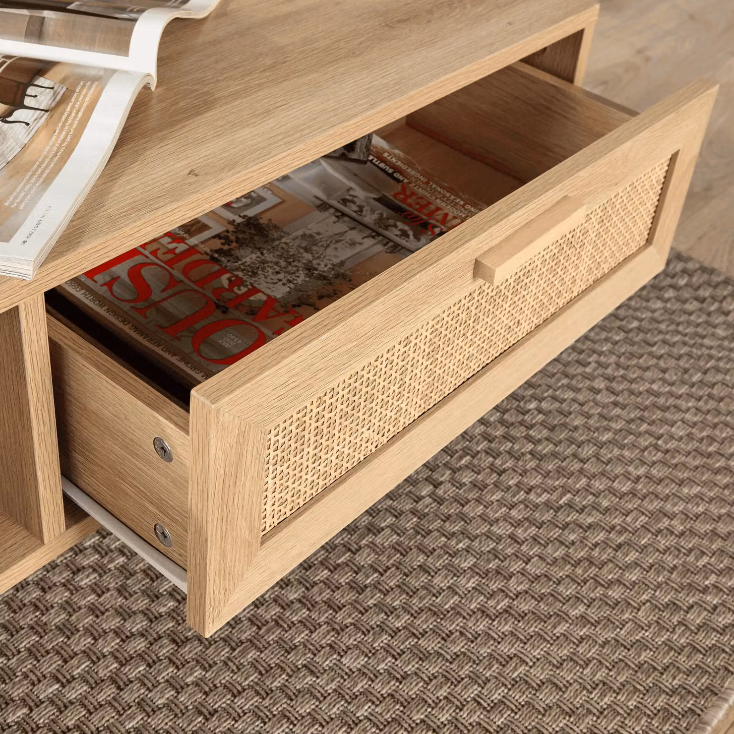 Home Source Rattan Coffee Table with Drawer and Open Shelf in Sand and Beige, W/D/H: 110 x 59 x 40 cm – 2