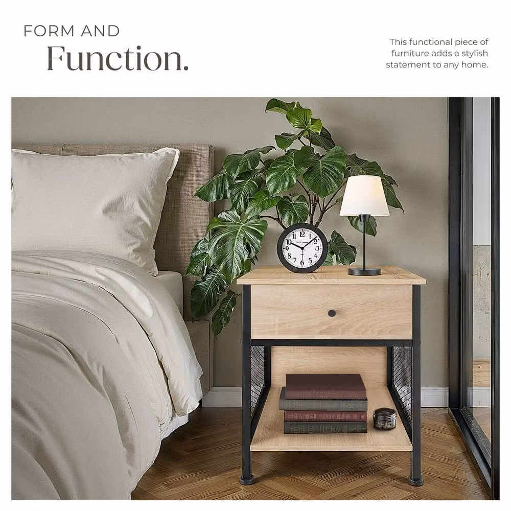 tectake Killarney Bedside Table with Shelf, Drawer and Open Storage in Light Oak – 5