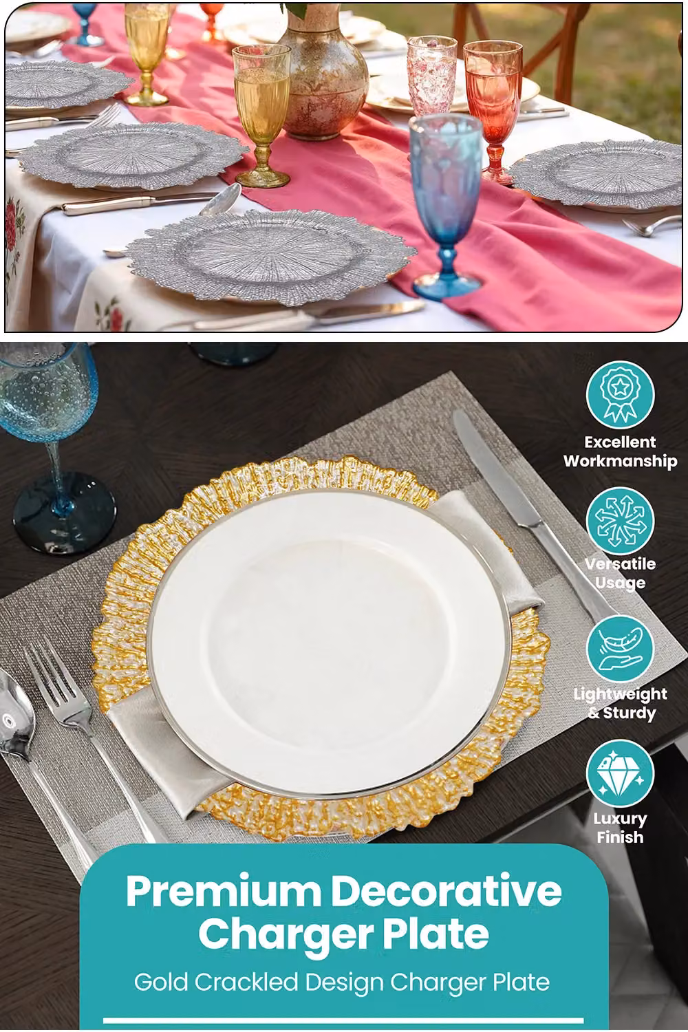 Neel Blue Set of 12 Crackled Glass Charger Plates in Metallic Gold, Diameter: 33 cm – 2