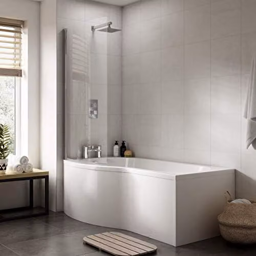 nuie SBATH20 Modern D-Shaped Left Hand Curved Acrylic Bath with Screen and Panel, White, W/D/H: 150 x 90 x 41.5 cm – 2