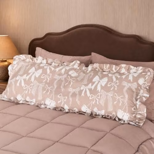OHS Bow Print Frill Bolster Pillow in Beige with Microfibre Filling for Maternity and Side Sleeper Support