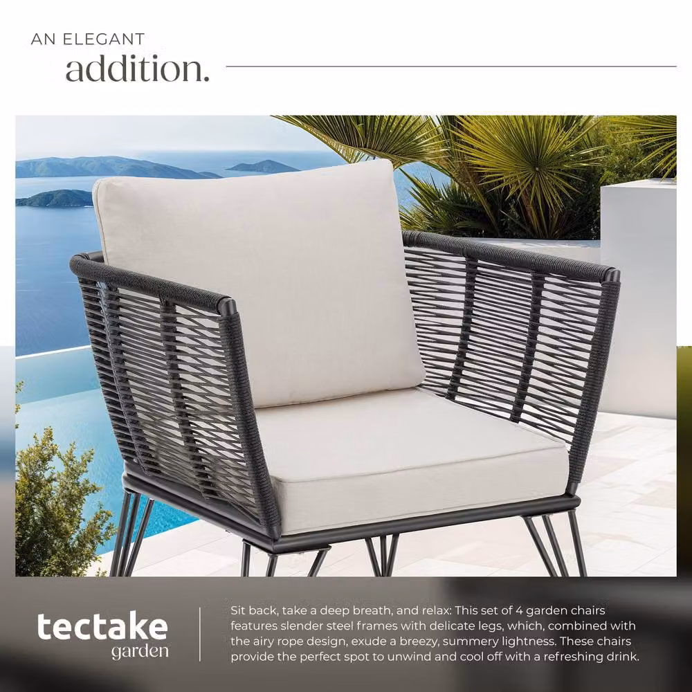 tectake Sundo Garden Chair Set for 4 People in Grey and Black with Rattan and Steel Frame – 4