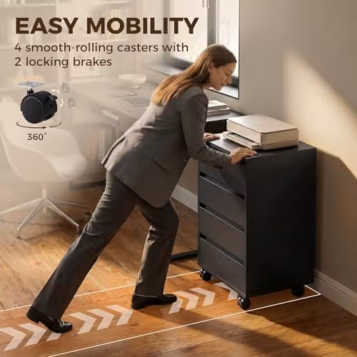HOMCOM Mobile Vertical Filing Cabinet with 4 Drawers for Home Office, Black, W/D/H: 40 x 46 x 65 cm – 4