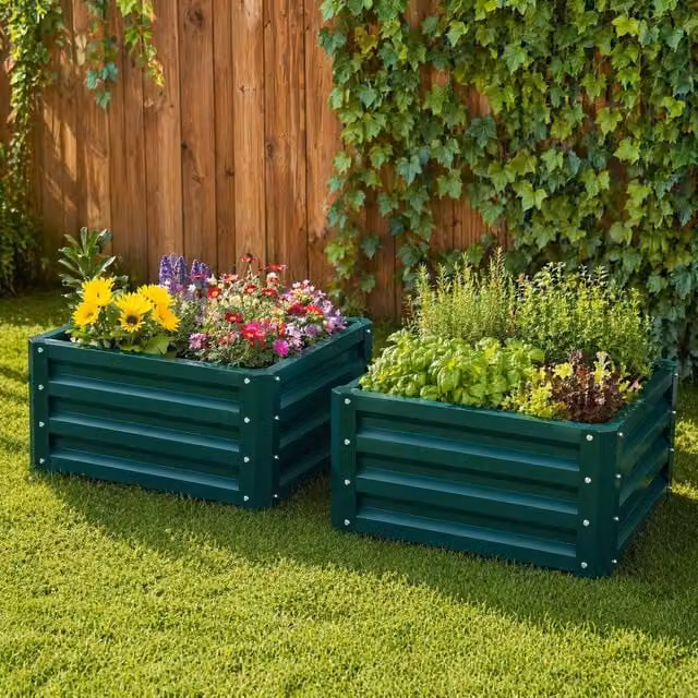 STILVORA Set of 2 Green Steel Garden Planter Tub Boxes W: 60 cm, D: 60 cm, H: 60 cm