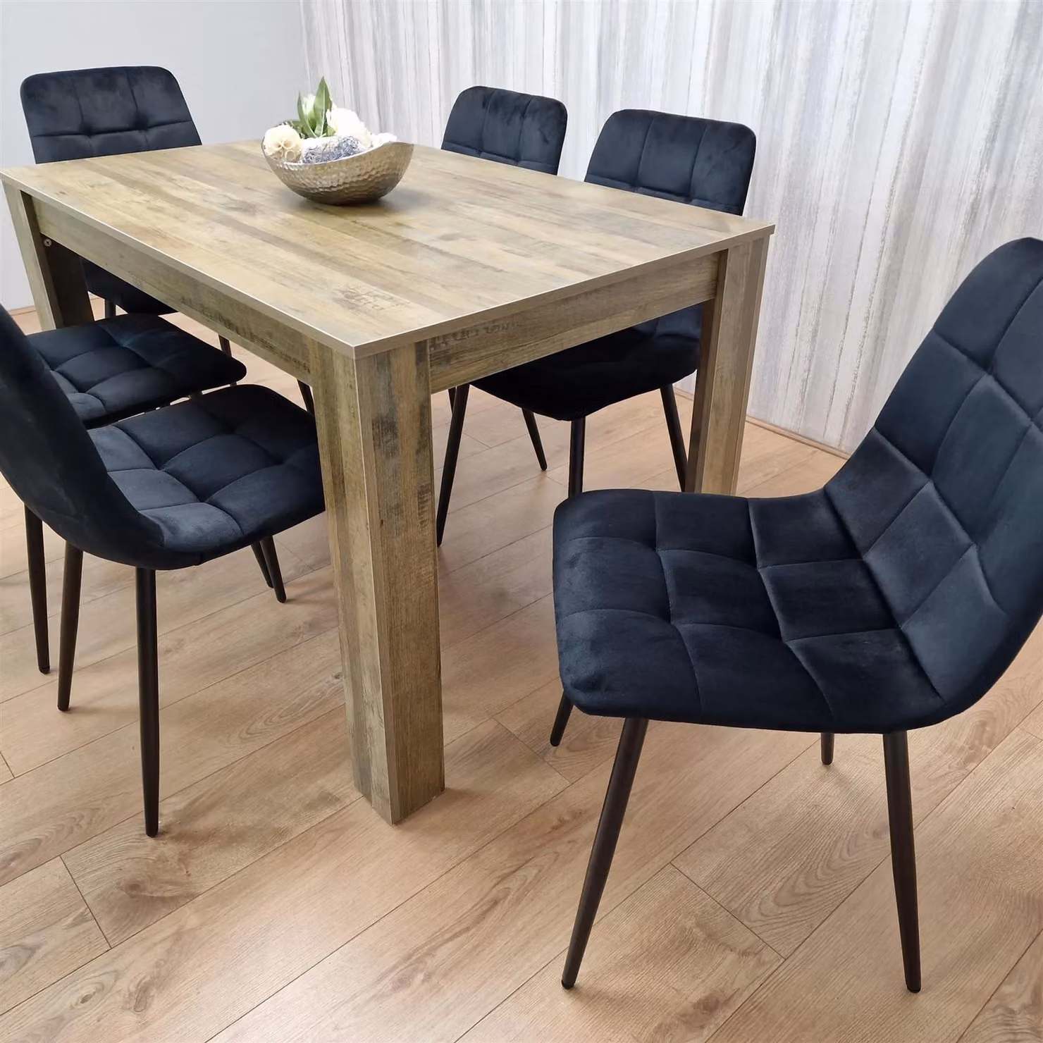 KOSY KOALA Rustic Effect Dining Table Set with 6 Black Velvet Chairs, Brown Rectangular Table, W/D/H: 180 x 80 x 75 cm – 4