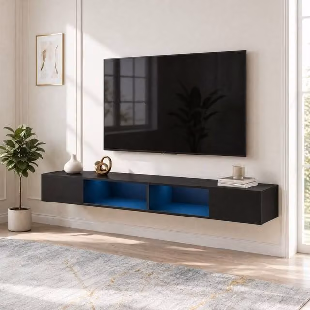 STILVORA Modern Wall Mounted TV Stand with RGB LED Lights in Matt Black – 1