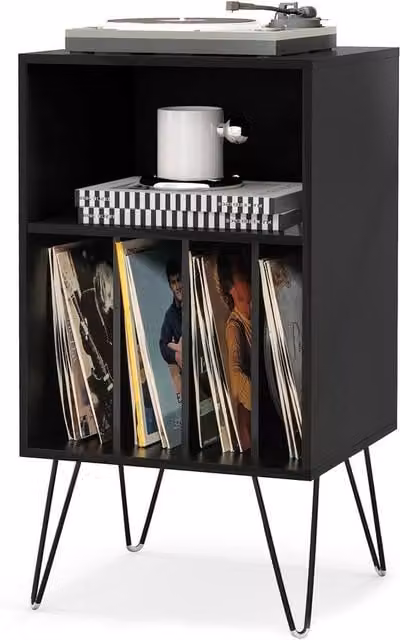 Gymax 3-Tier Black Metal Turntable Stand and Vinyl Record Storage Table