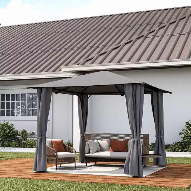 Livingandhome Modern Metal Garden Gazebo Outdoor Canopy Shade with Lights in Grey