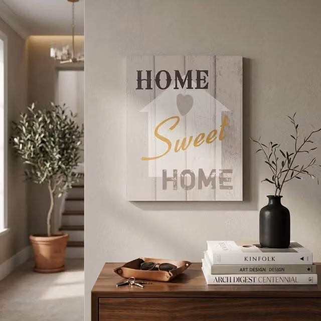 Orsina Home Sweet Typography Wall Plaque in Grey Canvas and Wood