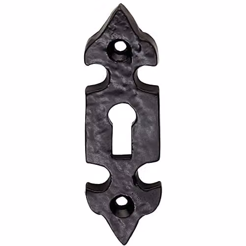 Loops Fleur de Lys Pattern Antique Escutcheon Lock Profile Plate in Black Antique, W: 83 mm, H: 29 mm