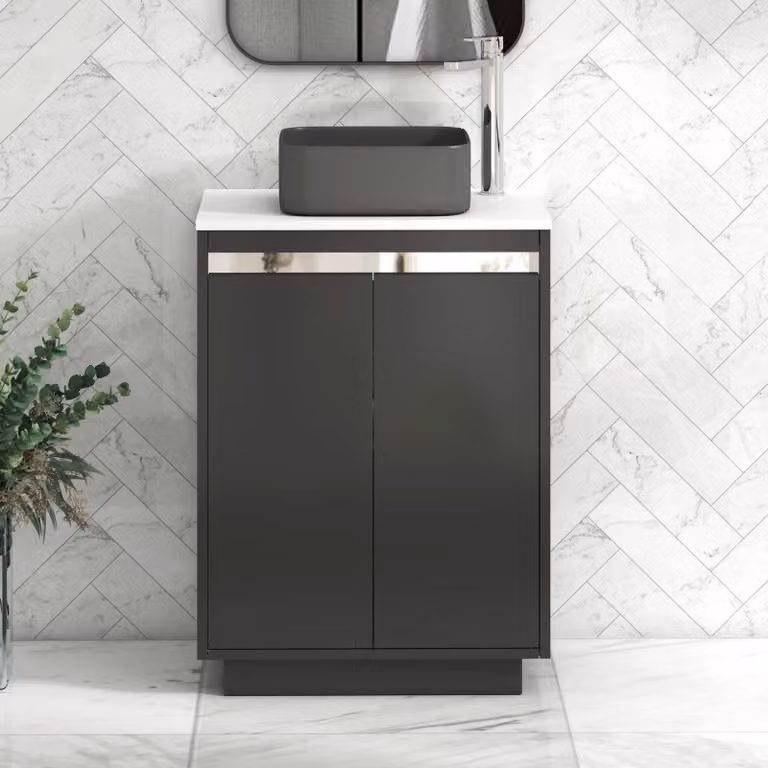 Royal Bathrooms Orion 600mm Matt Obsidian Black and Plain White Floor Standing 2 Door Vanity Unit with Art Square Basin and Chrome Accent Trim